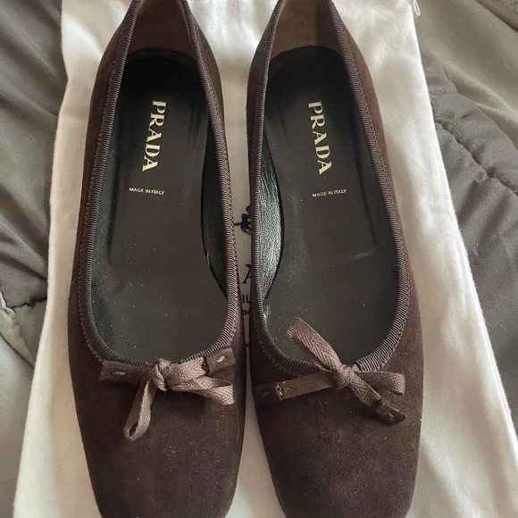 Prada Brown, Suede Leather & Logo Ballet Flats - Picture 1 of 4